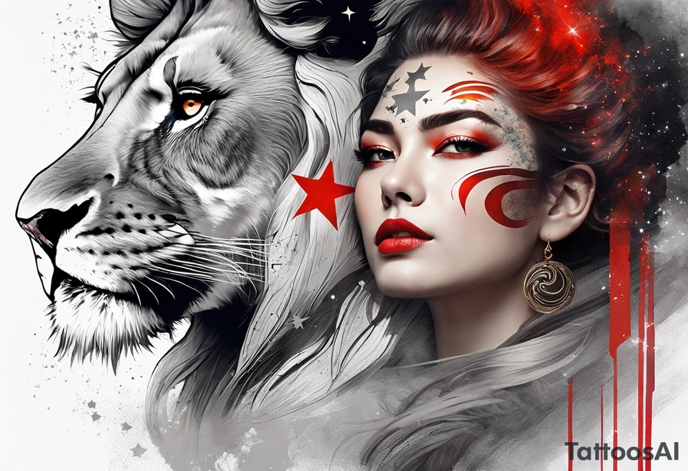 women turning to her side with a small leo zodiac symbol on her forehead, lion scratch scar on her eye and stars, moon and sun floating behind her head. however at the bottom  have her blend away like a smoke effect, you can use Stars or clouds to help fill in space. Also create a somewhat Smokey thin red line wrapping going from the back of the neck to the pinky and overlapping the woman tattoo as well. tattoo idea