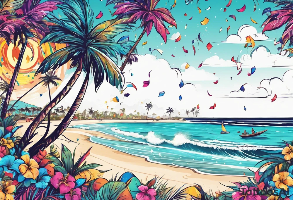 SURFING SAFARI BEACH PARTY WITH CONFETTI AND MUSIC NOTES, TROPICAL DRINKS, SEXY BIKINIS tattoo idea