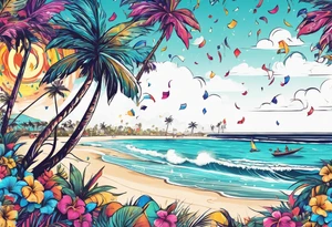 SURFING SAFARI BEACH PARTY WITH CONFETTI AND MUSIC NOTES, TROPICAL DRINKS, SEXY BIKINIS tattoo idea
