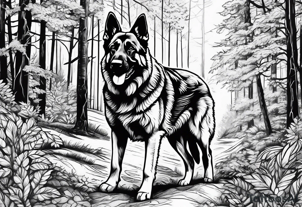 German shepherd dog walking in a forest tattoo idea