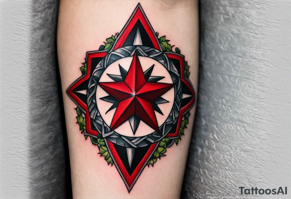 Half sleeve tattoo of the Texas star with a ring around it. Thick ivy in the background. Design bordered with thick lines on the top and bottom. Black with red highlights tattoo idea