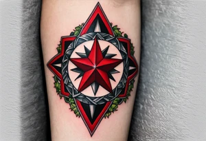 Half sleeve tattoo of the Texas star with a ring around it. Thick ivy in the background. Design bordered with thick lines on the top and bottom. Black with red highlights tattoo idea