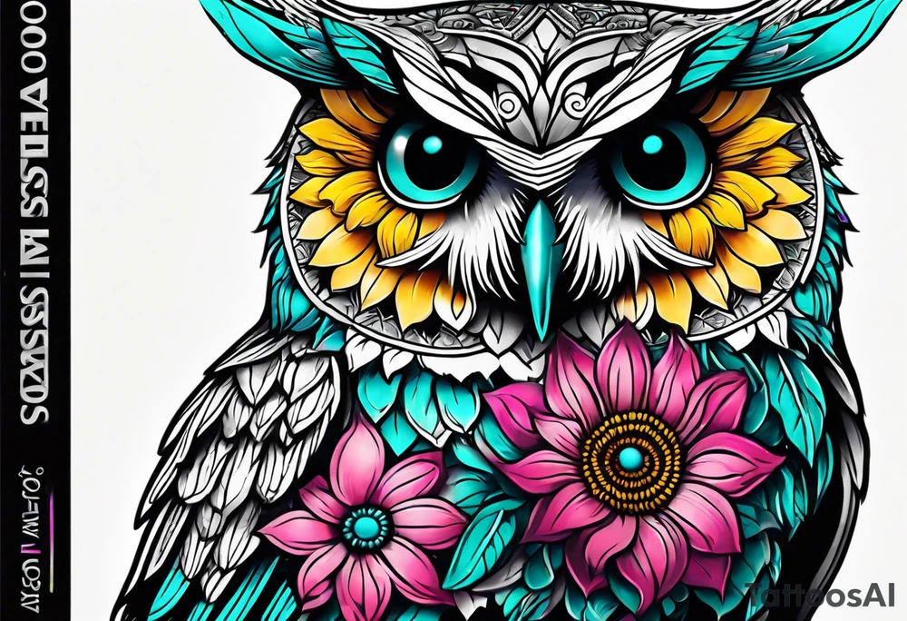 Leg Sleeve with teal, pink and purple owl and yellow sunflowers tattoo idea