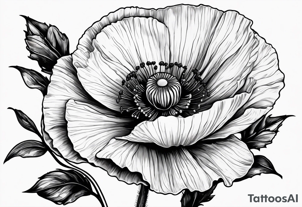 Poppy flower with the date 1/15/22 in Roman numerals tattoo idea