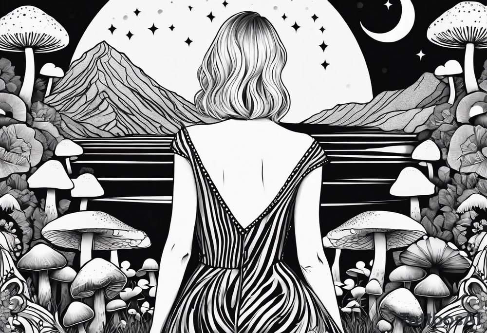 Straight blonde hair girl facing away toward mountains surrounded by mushrooms crescent moon circular design black and white striped dress tattoo idea