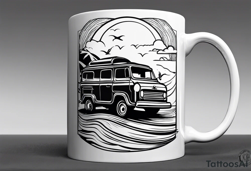 Coffee mug with beach scene on it for coffee truck logo tattoo idea