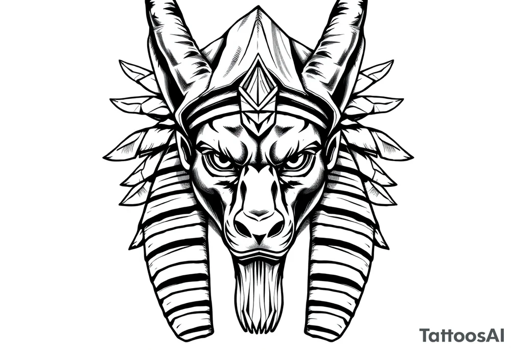 powerful majestic muscle anubis Egyptian god face without eyes with mantle on head tattoo idea