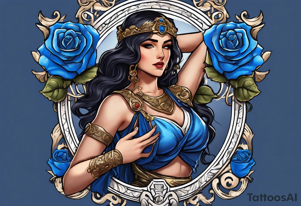 ancient rome clothes women, with ancient scale in one hand, blue rose frames, justicia keeps  scale tattoo idea