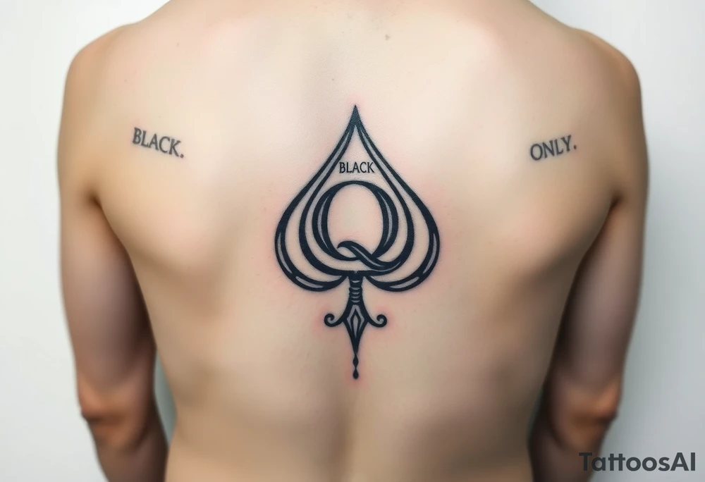 A spade womb tattoo with a Q in the center, with three points around the outside. The first reading, "BLACK". The second reading, "SEED". The third reading, "ONLY". A winding tail at the bottom of the spade. tattoo idea