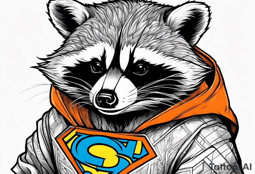 Raccoon wearing an orange Superman hoodie tattoo idea