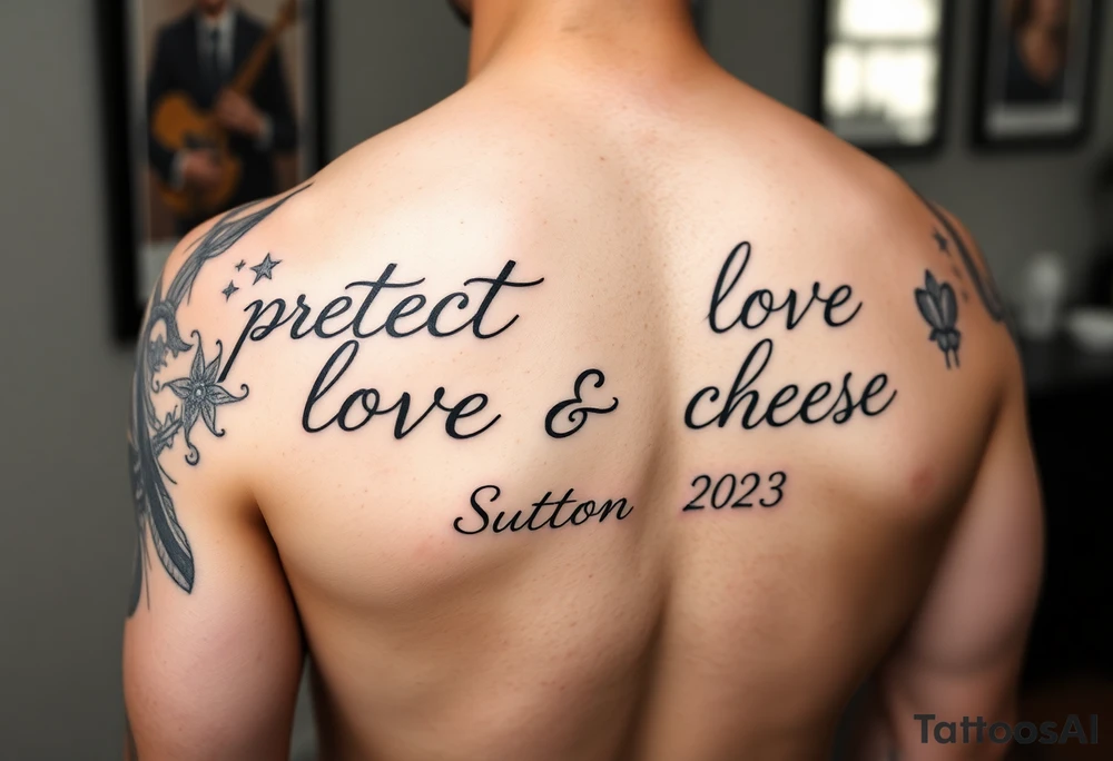 Full sleeve with the words, protect, love, and cherish. With my daughters name “Sutton” and her birthday May 30th 2023 tattoo idea