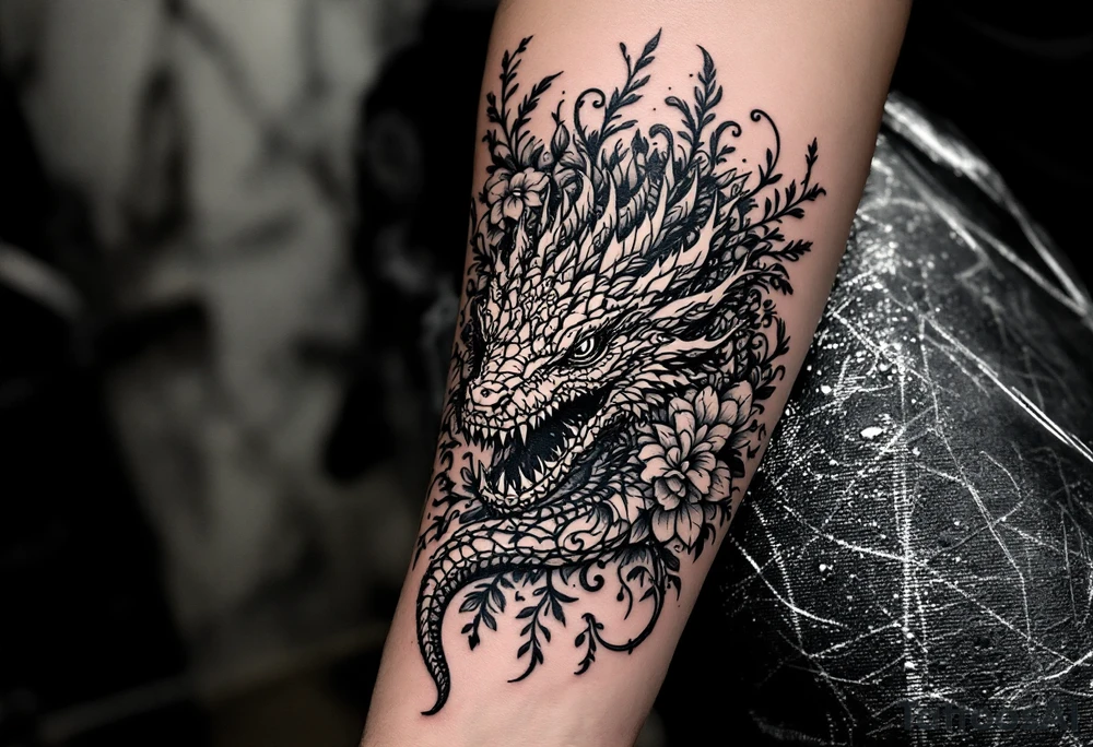 powerful majestic big reptile, surrounded by floral ornaments tattoo idea