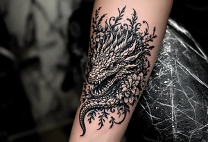 powerful majestic big reptile, surrounded by floral ornaments tattoo idea