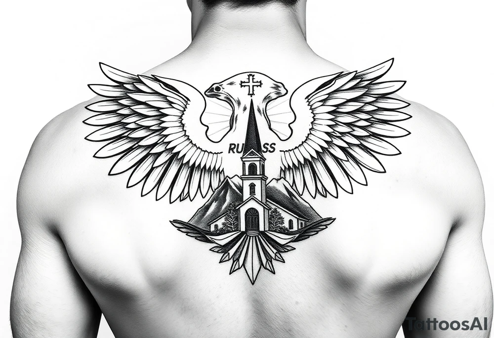 an actual russian coat of arms with the eagles wings spanning out on my back neck across my shoulders / traps with a orthodox christian church being visible in a mountainous sun beaming setting, with the russian orthodox cross spire of the orthodox church being visible on my neck with a sun beaming in the background that the cross sits inside tattoo idea