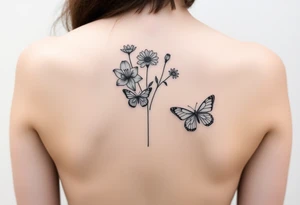 Vertical line down the middle

Water lily, honeysuckle, narcissus, violet and a daisy on top of vertical line

Small butterflies tattoo idea