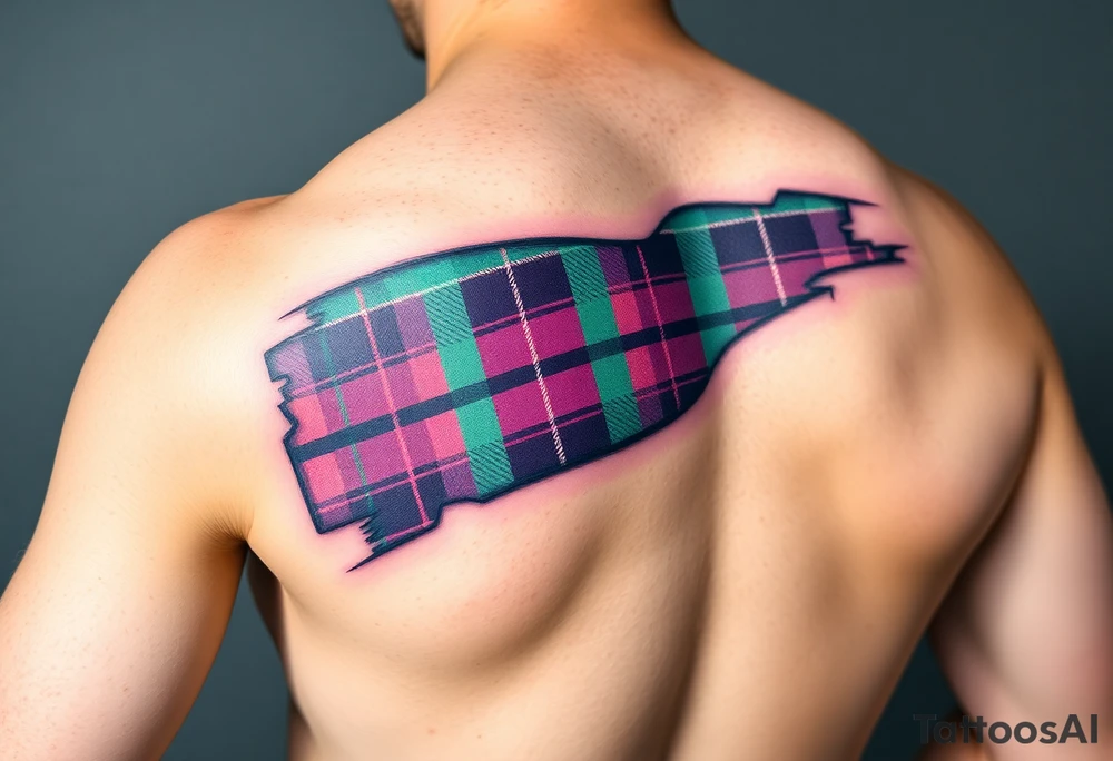Side of arm Dark Purple with green pink blue and white highlights tartan fabric 
with skin ripping away at edges tattoo idea