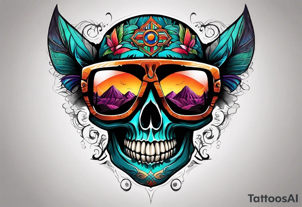 Colorful Mayan skull wearing sunglasses with bats water and cave tattoo idea