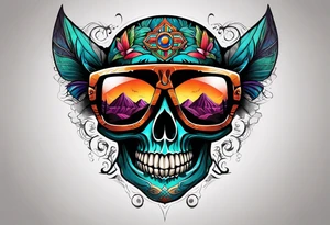 Colorful Mayan skull wearing sunglasses with bats water and cave tattoo idea