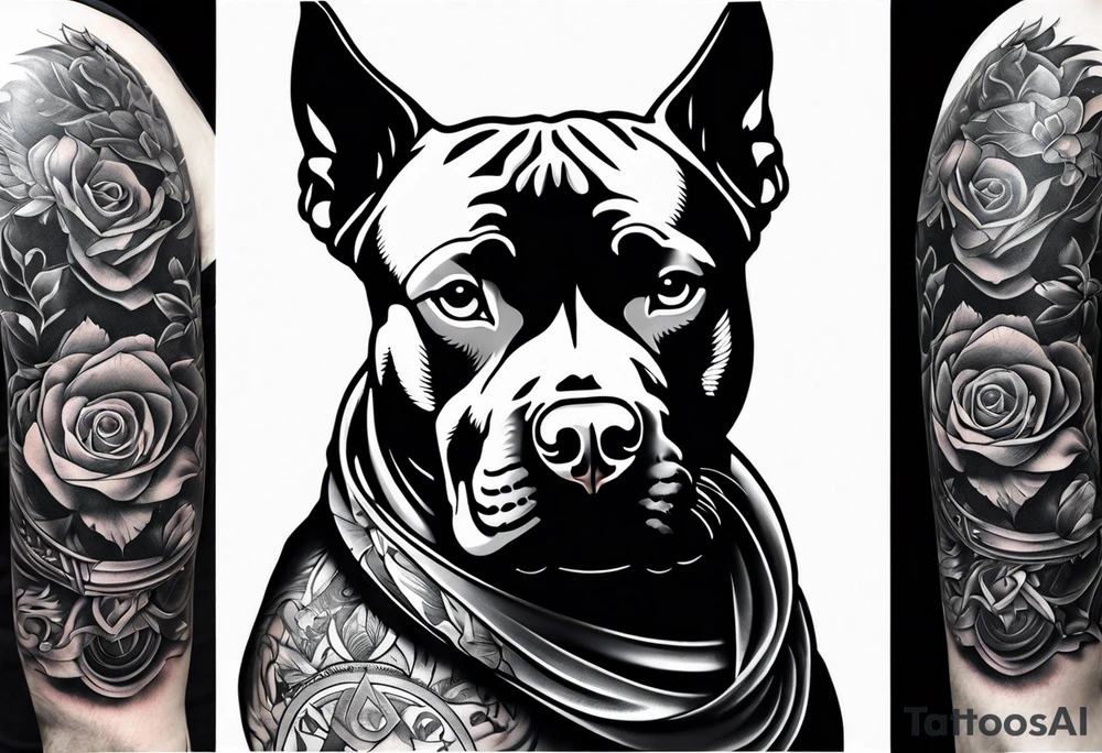 Gangster tattoo sleeve with pit bull tattoo idea