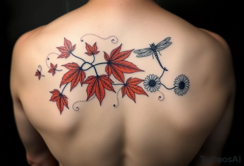 Create a vine with Maple leaves in red, orange and brown and gerbera daisies connected with thin swirly lines. Add in a dandelion wish and a dragonfly tattoo idea