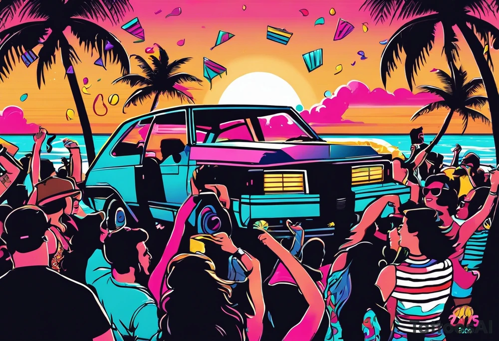 1980's style dance party with boom box and confetti in a beach theme. include people in 80's miami beach clothes, music note. Do not include cars tattoo idea