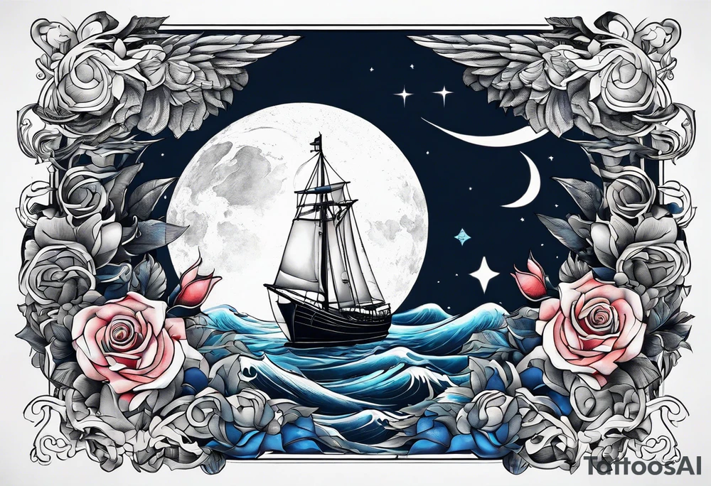 bateau, phare maritime, phoenix, rose des vents et lune bleu. tattoo idea