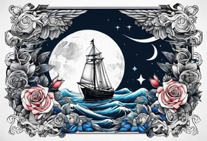 bateau, phare maritime, phoenix, rose des vents et lune bleu. tattoo idea