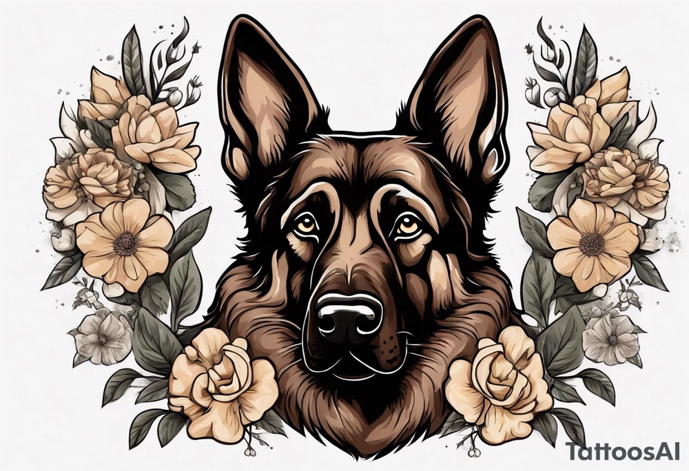 Dark Brown female German shepherd portrait surrounded by flowers tattoo idea