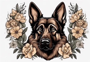 Dark Brown female German shepherd portrait surrounded by flowers tattoo idea