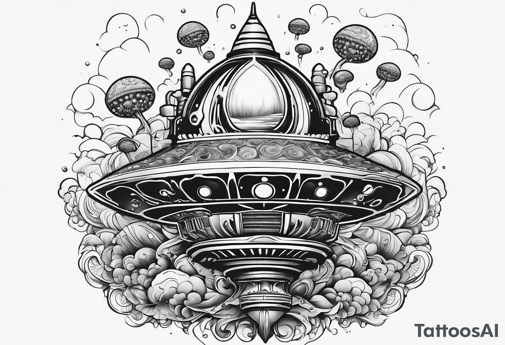 thinner rocketship with a psychedelic mushroom top with fire coming out the bottom bursting out of bubble as the bubble pops tattoo idea