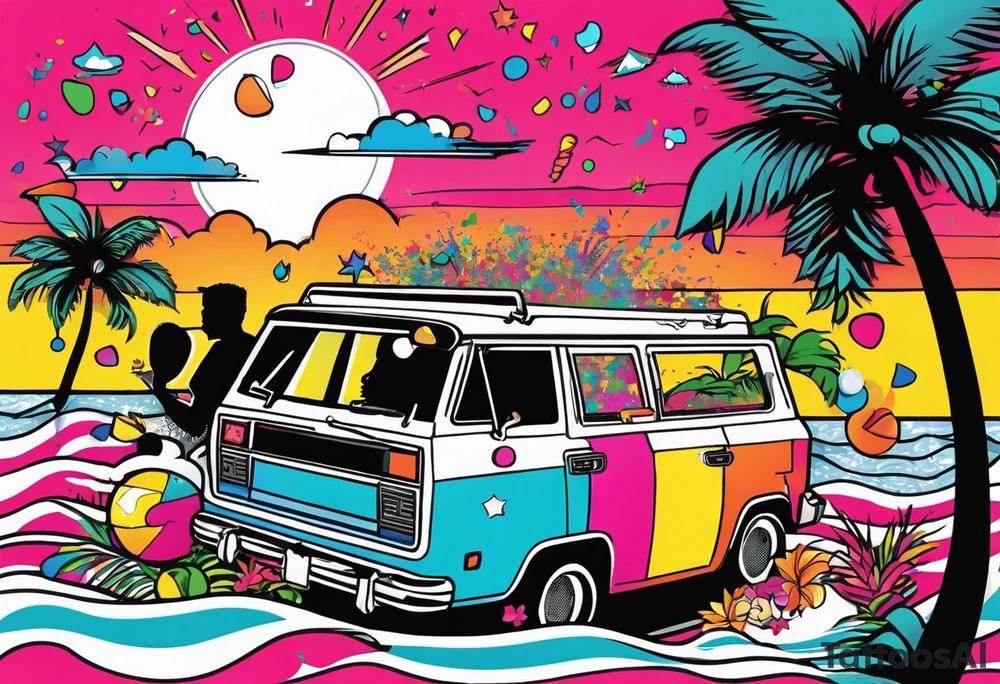 1980's miami vice style beach dance 
party, include confetti, music notes, boom box, bikinis sunset in the center tattoo idea