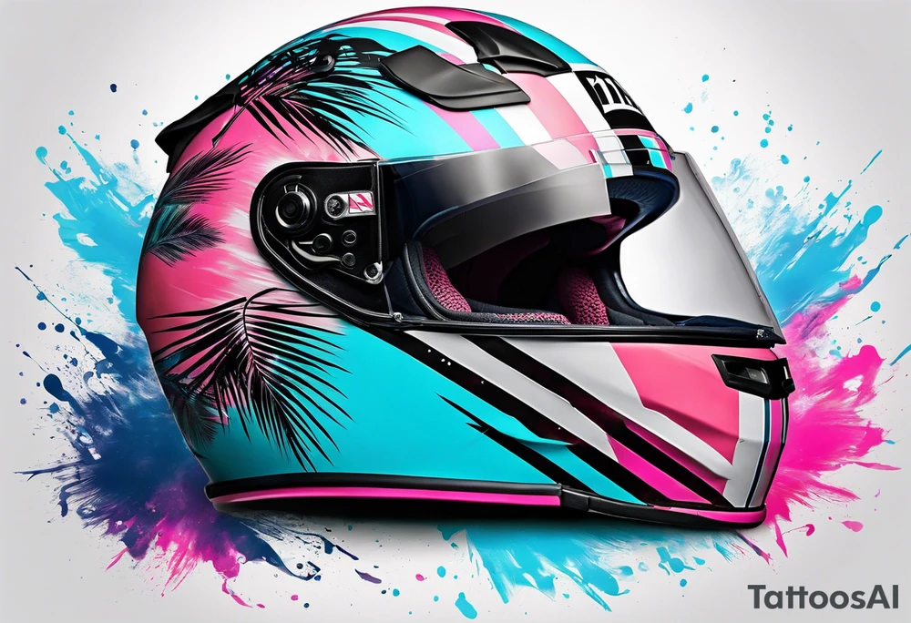 Formula 1 helment with the Miami name a palm tree and light blue black and pink colors tattoo idea