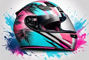 Formula 1 helment with the Miami name a palm tree and light blue black and pink colors tattoo idea
