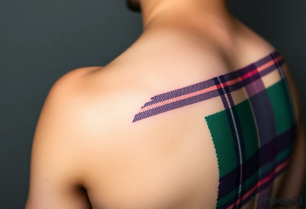 Side of arm Dark Purple with green pink blue and white highlights tartan fabric with skin peeling away at edges tattoo idea