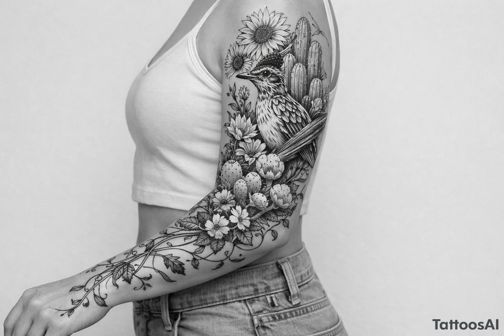 Medium size roadrunner surrounded by cactus and wildflowers including sunflowers and Indian paint brush flowers from shoulder onto hand with vines tattoo idea