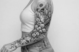 Medium size roadrunner surrounded by cactus and wildflowers including sunflowers and Indian paint brush flowers from shoulder onto hand with vines tattoo idea