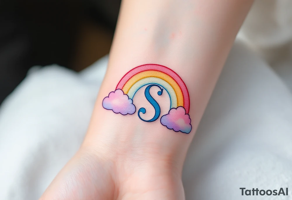 A pastel rainbow with letter "S" with soft cloud outlines. tattoo idea