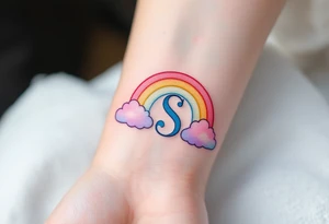 A pastel rainbow with letter "S" with soft cloud outlines. tattoo idea