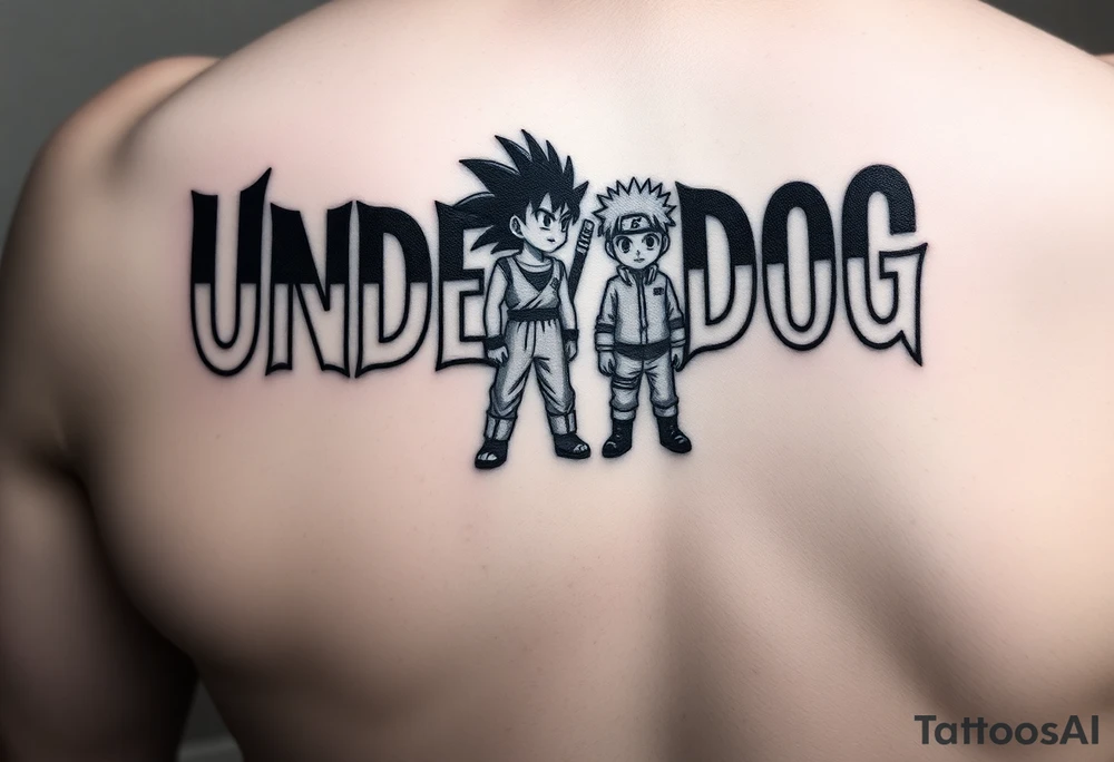 the word underdog in a with 3 anime characters Goku  and Naruto and ippo  one standing in the middle one standing on the right and one standing on the left
 above the word tattoo idea