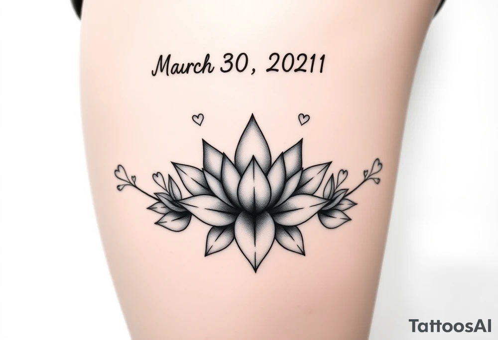 I want a tattoo for my upper thigh, that includes the date, march 30 2021, mom and daughter love that was born at 4:18 am and that includes hearts and the lotus flower and that represents the infinity love of a mother to her baby girl tattoo idea