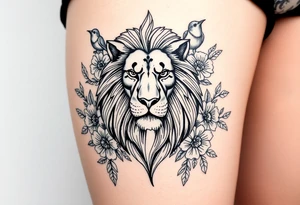 powerful majestic lion with a crown, surrounded by floral ornaments and birds tattoo idea