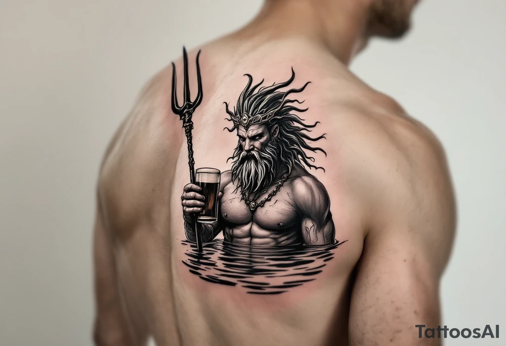 poseidon, with a trident, in calm water, holding a beer tattoo idea