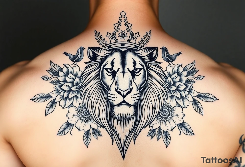 powerful majestic lion with a crown, surrounded by floral ornaments and birds tattoo idea