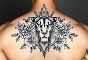 powerful majestic lion with a crown, surrounded by floral ornaments and birds tattoo idea