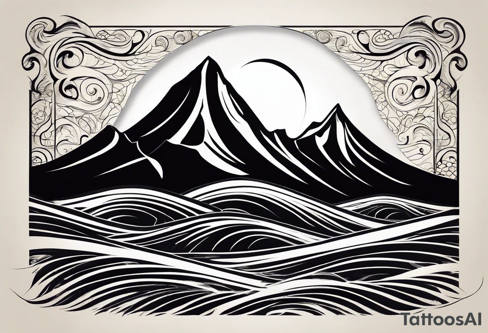 The letters "Pura Vida" forming the gentle curves of ocean waves, with the "i" in "Vida" extending into a mountain peak. The sun could be subtly incorporated above the letters. It creates a harmonious blend of nature and the phrase. tattoo idea