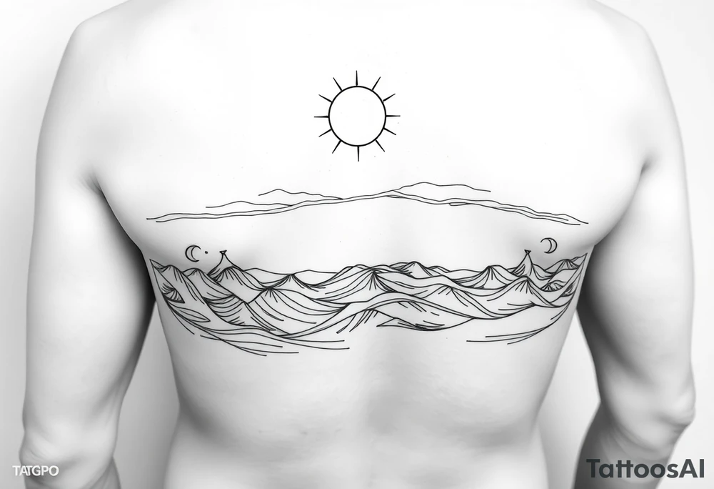Wrap-around lower arm tattoo, black and white line art. Calm sea waves and horizon, sun or moon above with subtle Norse runes (Algiz, Raido). Balanced, elegant, marine and mythological. Clean outlines, high contrast, stencil-ready. tattoo idea