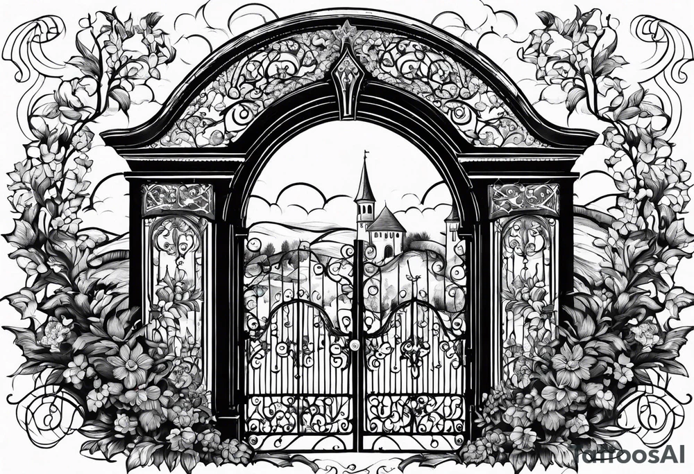 night medieval town garden gate entrance
in circle vignette surrounded by clouds floral tattoo idea