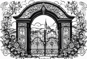 night medieval town garden gate entrance 
 in circle vignette surrounded by clouds floral tattoo idea