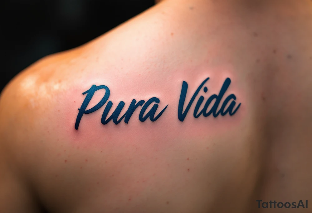 “Pura Vida” in all caps, inked in deep indigo with a silhouette of a surfer and soft orange horizon. tattoo idea