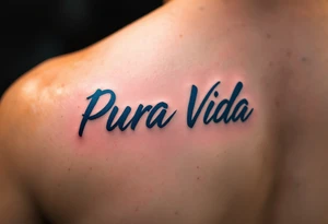 “Pura Vida” in all caps, inked in deep indigo with a silhouette of a surfer and soft orange horizon. tattoo idea